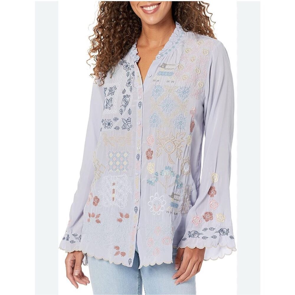 Biya Johnny Was embroidered blouse top silk boho Sz M Periwinkle